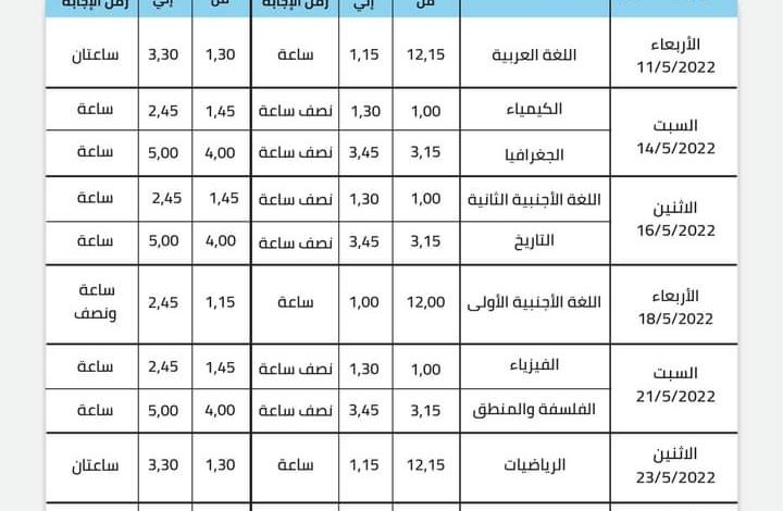 جدول اختبارات نهاية العام لطلاب الصف الأول الثانوي. 3 IMG 20220422 WA0087