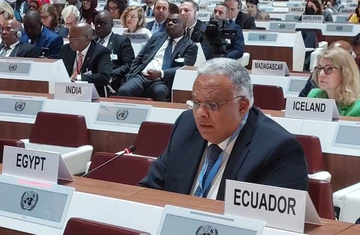 مندوب مصر الدائم لدى الأمم المتحدة يُلقي بيان المجموعة العربية أمام اللجنة التنفيذية للمفوضية العُليا لشئون اللاجئين. 1 IMG 20221010 WA0088