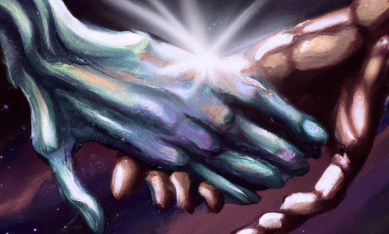 وجود الكائنات الفضائية فرص وتحديات للبشرية 3 an alien handshake bridging galaxies dig 1024x1024 27880049 e1685353156401