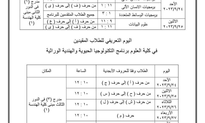 مواعيد اليوم التعريفي للطلاب المقيدين كلية علوم الحاسب وتكنولوجيا المعلومات وكلية العلوم بحلوان الأهلية 2 FB IMG 1695380963129