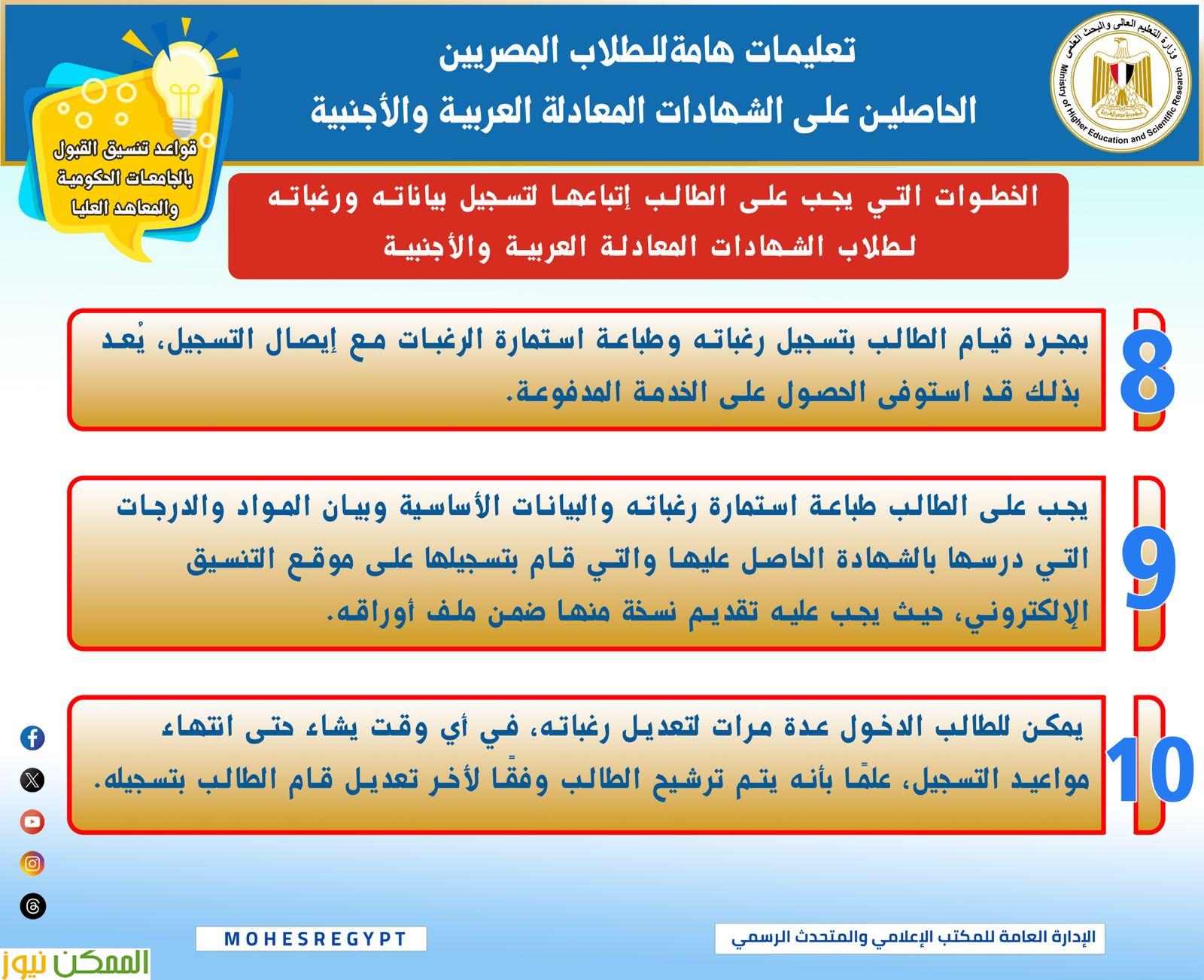 أدلة إرشادية حول ضوابط تقديم الطلاب الحاصلين على الشهادات المعادلة العربية والأجنبية لتنسيق الجامعات الحكومية 10 almomken.com 9c05ffa6