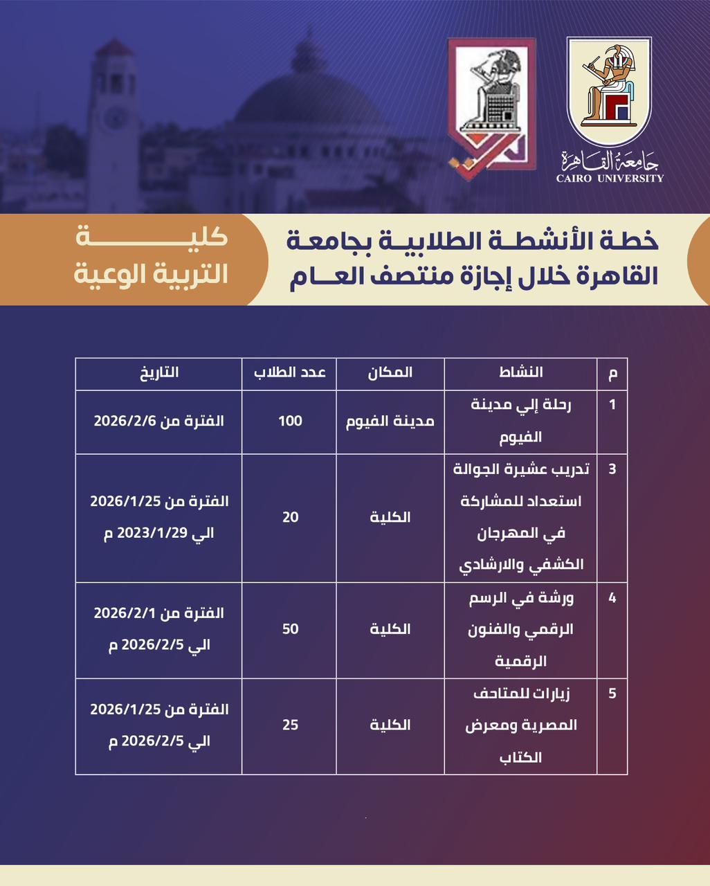 جداول الأنشطة الطلابية بكليات جامعة القاهرة خلال إجازة منتصف العام الدراسي