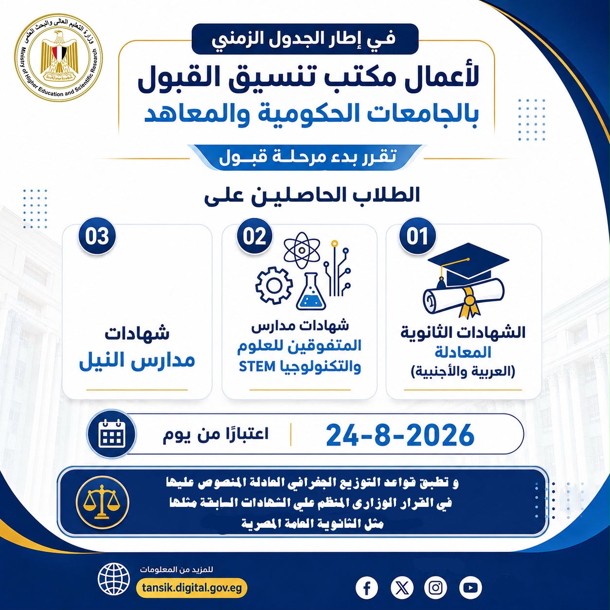 الاثنين بدء قبول أوراق طلاب الشهادات المعادلة العربية والأجنبية و مدارس المتفوقين للعلوم